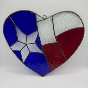 VTG Stained Glass Red &Blue Texas Heart Shaped Suncatcher Window Wall Hanging
